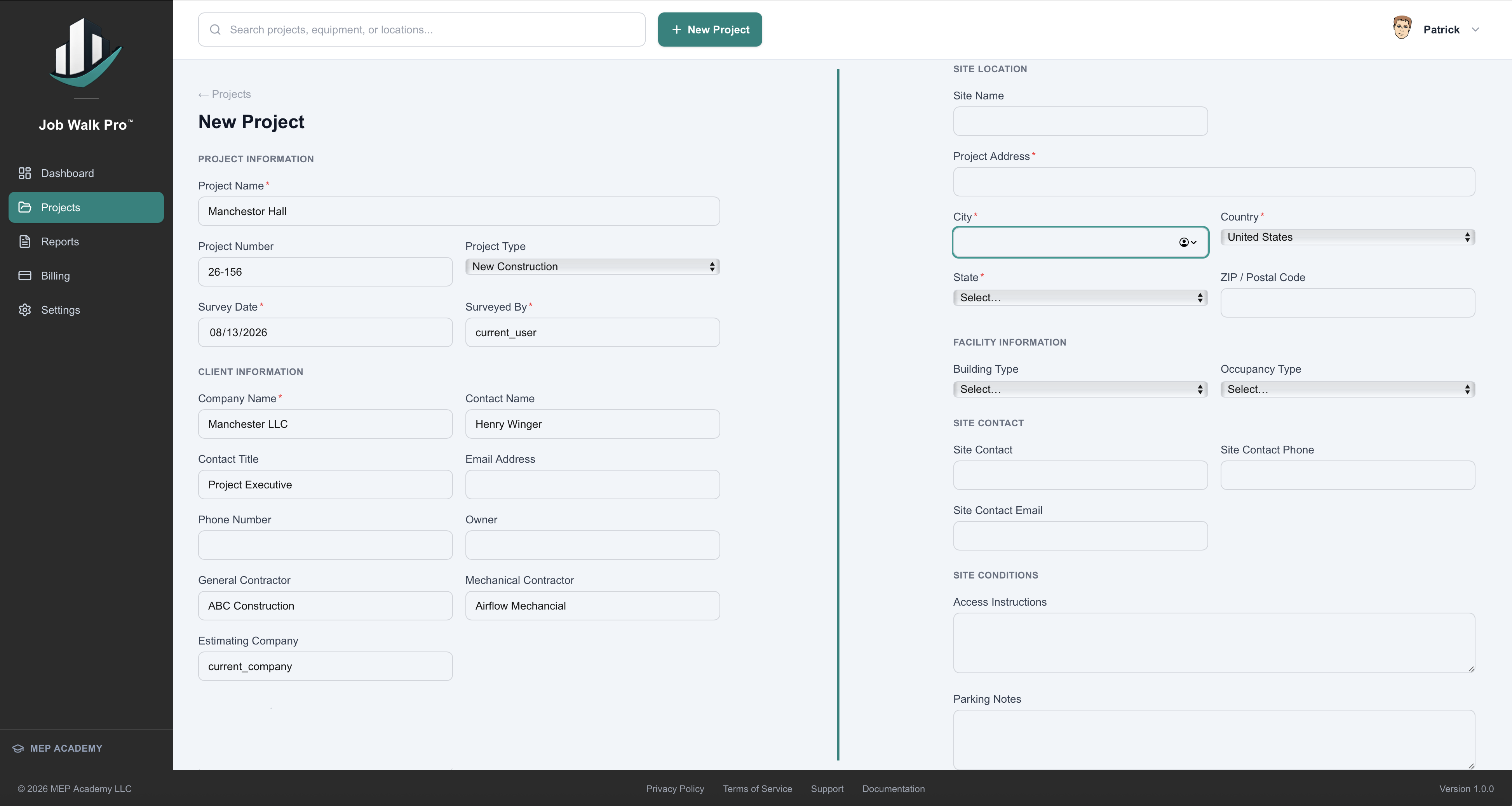 Create Project Screen