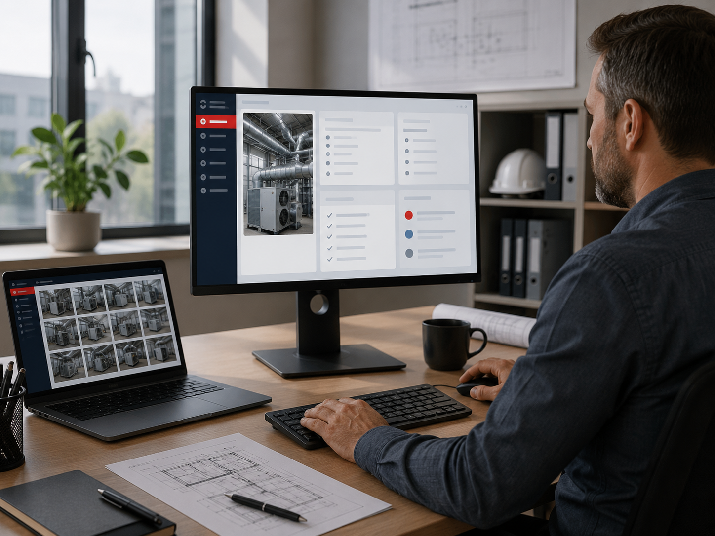 Professional reviewing the Job Walk Pro web application on a desktop monitor